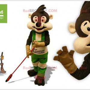 Mascotte de raton laveur marron et beige avec un balai -