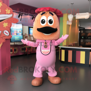 Pink Hot Dog mascot costume character dressed with a Overalls and Necklaces