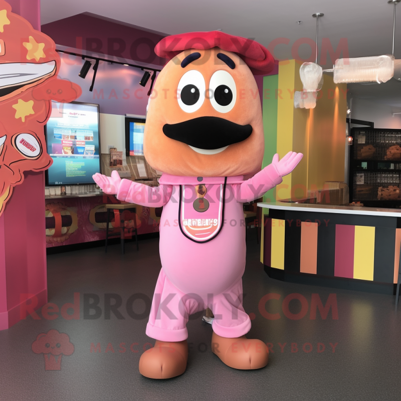 Pink Hot Dog mascot costume character dressed with a Overalls and Necklaces Pink Hot Dog mascot costume character dressed with a Overalls and Necklaces