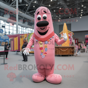 Pink Hot Dog mascot costume character dressed with a Overalls and Necklaces