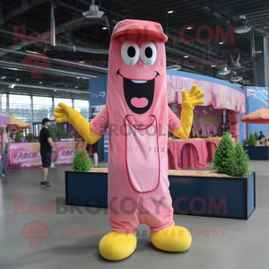 Pink Hot Dog mascot costume character dressed with a Overalls and Necklaces