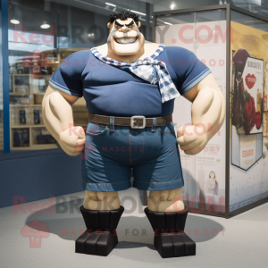 Navy Strongman mascot costume character dressed with a Denim Shorts and Scarves