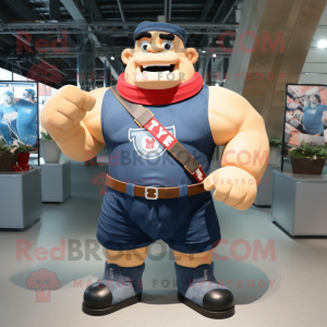 Navy Strongman mascot costume character dressed with a Denim Shorts and Scarves