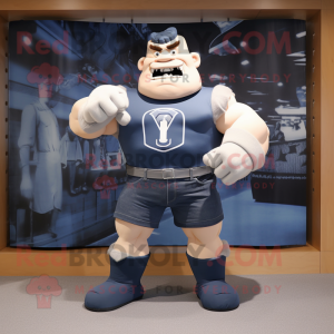 Navy Strongman mascot costume character dressed with a Denim Shorts and Scarves