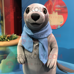 Gray Sea Lion mascot costume character dressed with a Chinos and Scarves