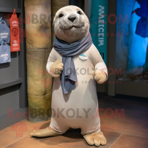 Gray Sea Lion mascot costume character dressed with a Chinos and Scarves