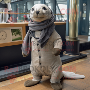 Gray Sea Lion mascot costume character dressed with a Chinos and Scarves