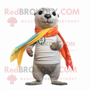 Gray Sea Lion mascot costume character dressed with a Chinos and Scarves