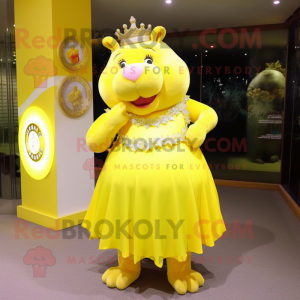 Yellow Sow mascot costume character dressed with a Evening Gown and Bracelet watches