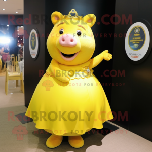 Yellow Sow mascot costume character dressed with a Evening Gown and Bracelet watches