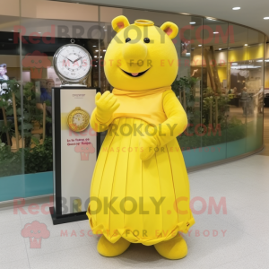 Yellow Sow mascot costume character dressed with a Evening Gown and Bracelet watches