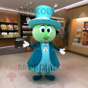 Turquoise Apple mascot costume character dressed with a Dress and Hat pins