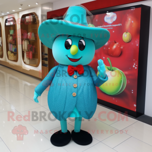 Turquoise Apple mascot costume character dressed with a Dress and Hat pins