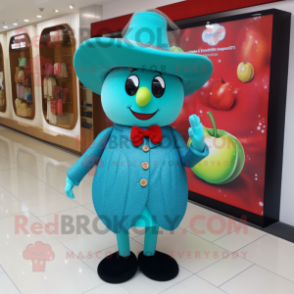 Turquoise Apple mascot costume character dressed with a Dress and Hat pins