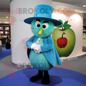 Turquoise Apple mascot costume character dressed with a Dress and Hat pins