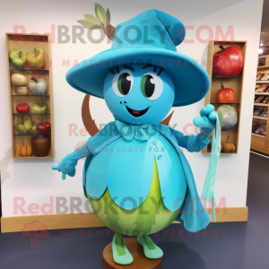 Turquoise Apple mascot costume character dressed with a Dress and Hat pins