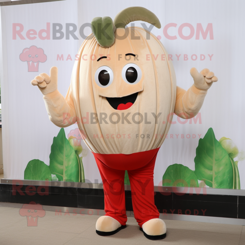 Beige Tomato mascot costume character dressed with a Corduroy Pants and Earrings Beige Tomato mascot costume character dressed with a Corduroy Pants and Earrings
