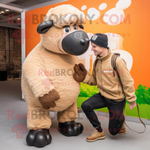 Tan Suffolk Sheep mascot costume character dressed with a Chinos and Mittens