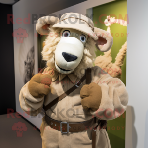 Tan Suffolk Sheep mascot costume character dressed with a Chinos and Mittens