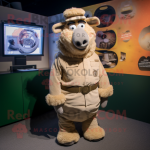 Tan Suffolk Sheep mascot costume character dressed with a Chinos and Mittens