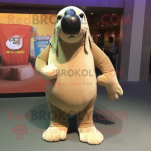 Beige Walrus mascot costume character dressed with a T-Shirt and Shoe laces