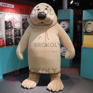 Beige Walrus mascot costume character dressed with a T-Shirt and Shoe laces