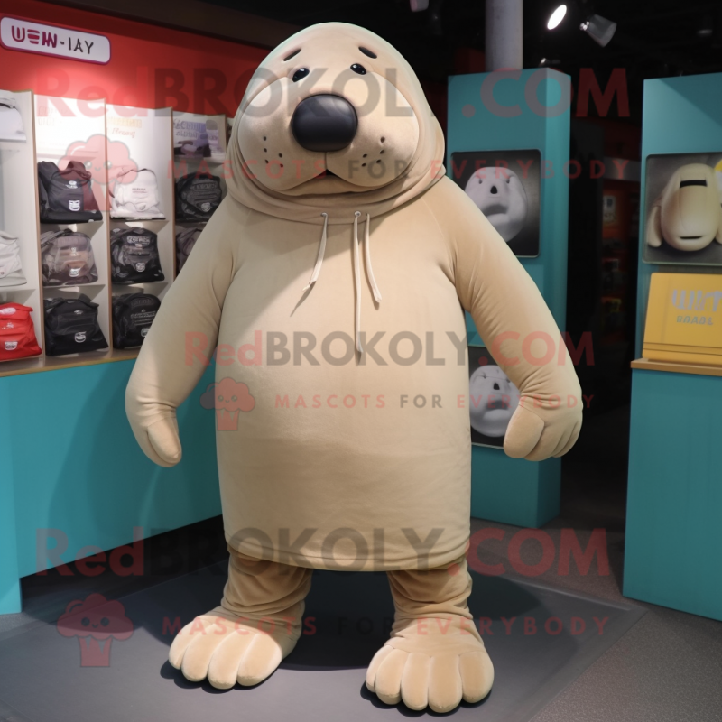 Beige Walrus mascot costume character dressed with a T-Shirt and Shoe laces Beige Walrus mascot costume character dressed with a T-Shirt and Shoe laces