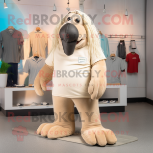 Beige Walrus mascot costume character dressed with a T-Shirt and Shoe laces