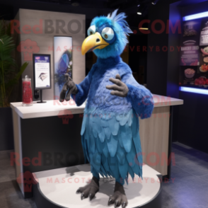 Blue Vulture mascot costume character dressed with a Cocktail Dress and Beanies