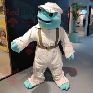 White Sea Turtle mascot costume character dressed with a Overalls and Wraps