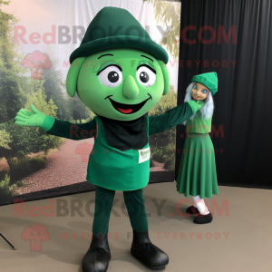 Forest Green Trapeze Artist mascot costume character dressed with a Midi Dress and Caps