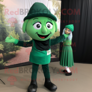 Forest Green Trapeze Artist mascot costume character dressed with a Midi Dress and Caps