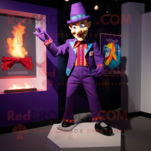 Purple Fire Eater mascot costume character dressed with a Bermuda Shorts and Pocket squares