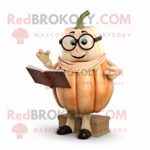 Beige Pumpkin mascot costume character dressed with a Evening Gown and Reading glasses