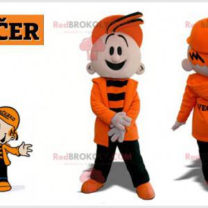 Kindermaskottchen eines Jungen gekleidet in Orange und Schwarz