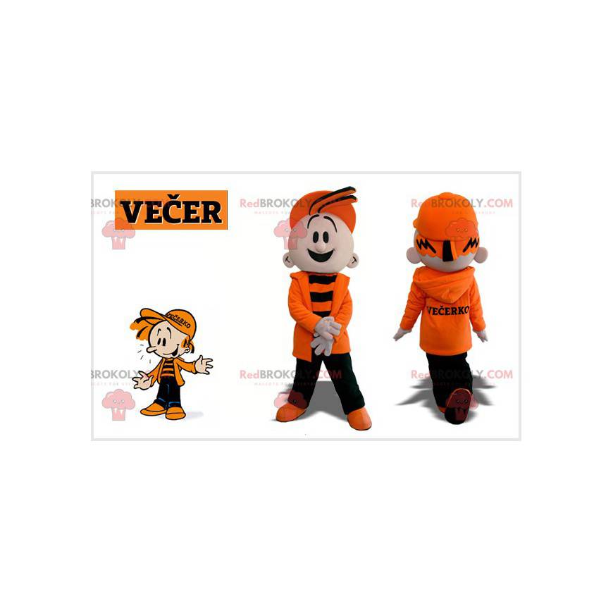 Kindermaskottchen eines Jungen gekleidet in Orange und Schwarz