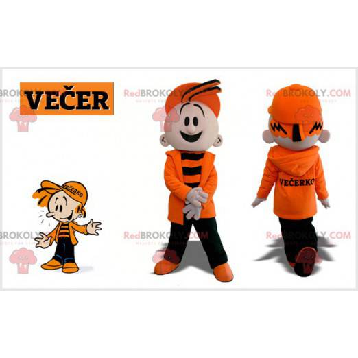 Criança mascote de um menino vestido de laranja e preto -