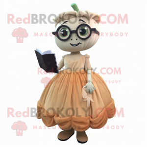 Beige Pumpkin mascot costume character dressed with a Evening Gown and Reading glasses