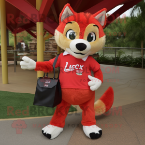 Red Lynx mascot costume character dressed with a Capri Pants and Handbags