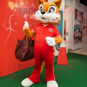 Red Lynx mascot costume character dressed with a Capri Pants and Handbags