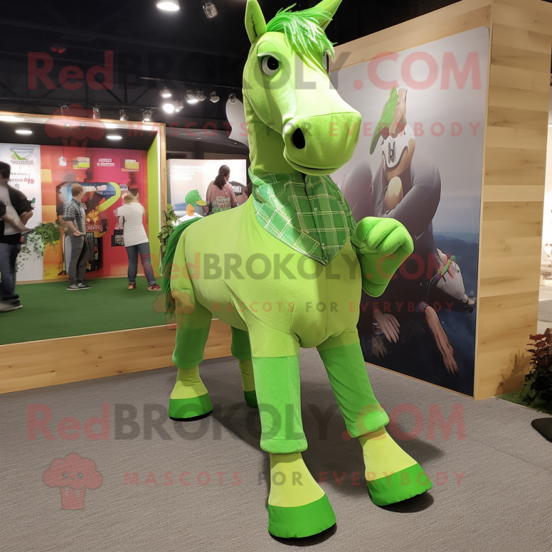 Lime Green Horse mascot costume character dressed with a Flannel Shirt and Shoe clips