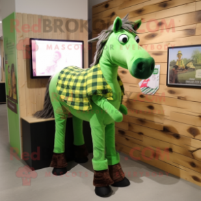 Lime Green Horse mascot costume character dressed with a Flannel Shirt and Shoe clips