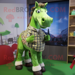 Lime Green Horse mascot costume character dressed with a Flannel Shirt and Shoe clips