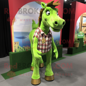 Lime Green Horse mascot costume character dressed with a Flannel Shirt and Shoe clips