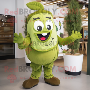 Olive Steak mascot costume character dressed with a Jumpsuit and Hair clips