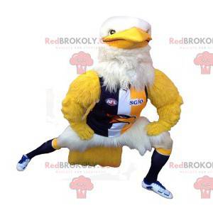 Muscular white and yellow eagle mascot in sportswear -