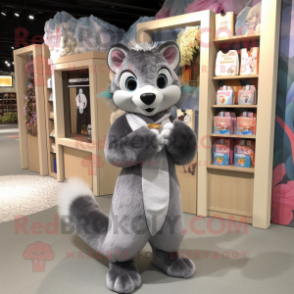 Gray Weasel mascot costume character dressed with a Wrap Dress and Headbands