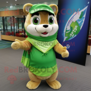 Lime Green Chipmunk mascot costume character dressed with a Board Shorts and Shawls