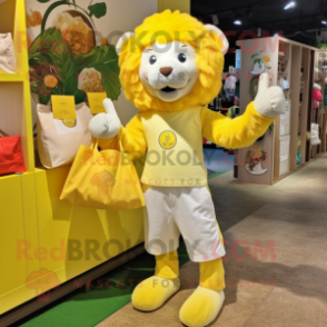 Lemon Yellow Lion mascot costume character dressed with a Blouse and Tote bags