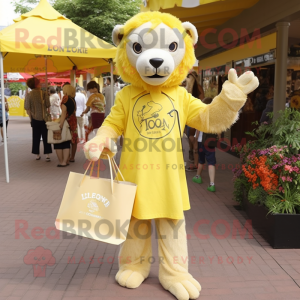 Lemon Yellow Lion mascot costume character dressed with a Blouse and Tote bags